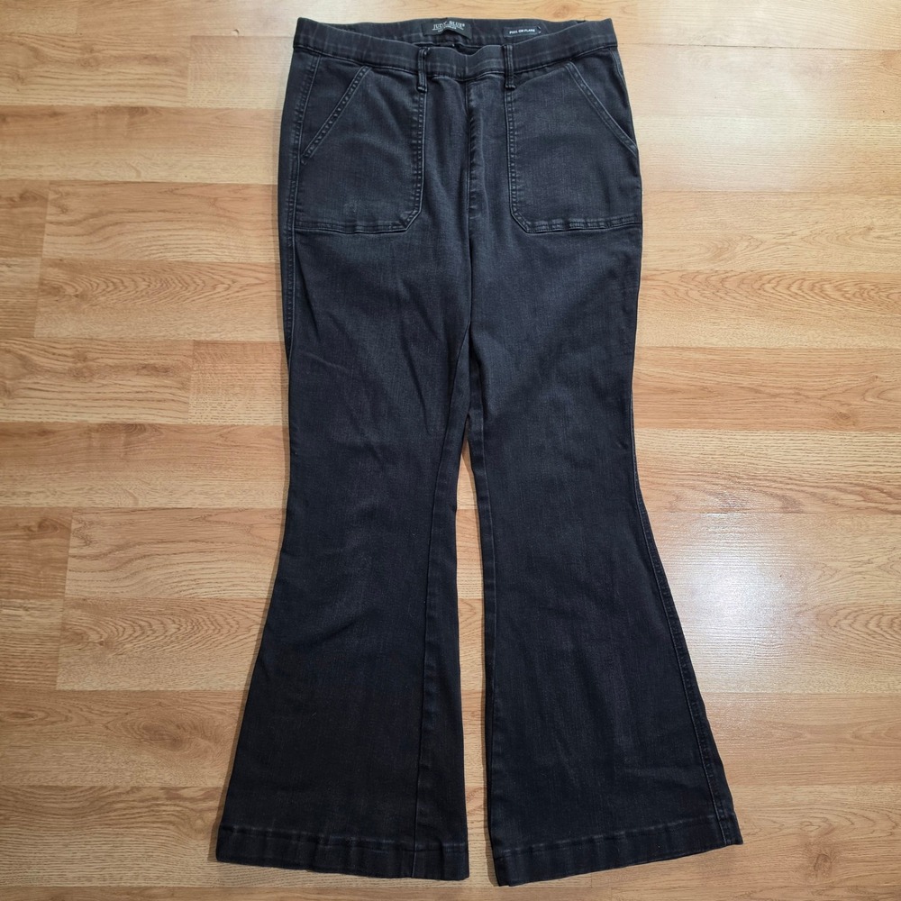 Judy Blue Pull On Flare Jeans Womens 13/31 High Rise Patch Pocket Black Denim